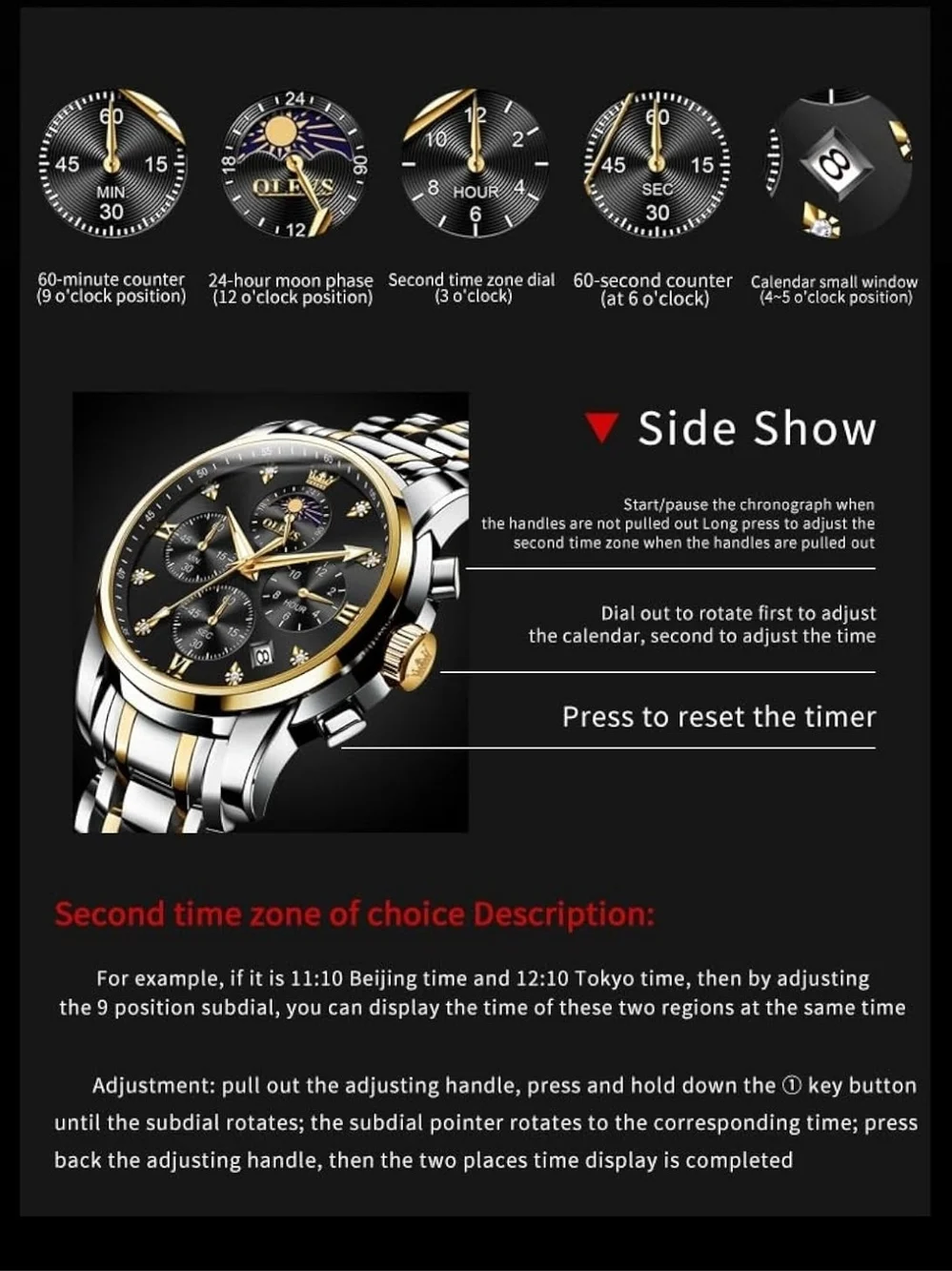 Two-Tone Gold & Silver Men’s Chronograph Watch with Black Dial